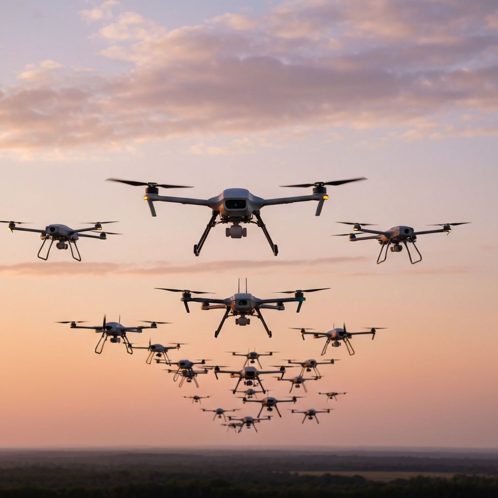 Drones flying towards horizon