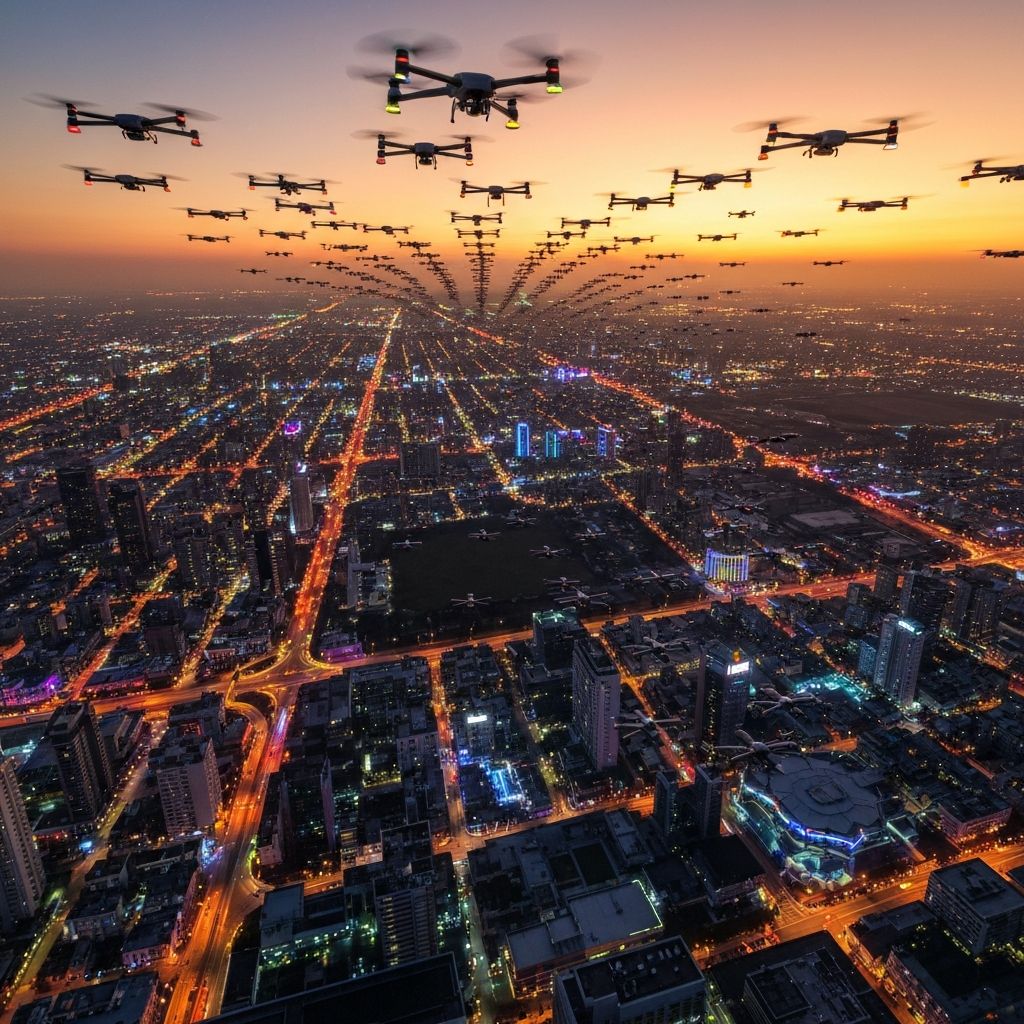 Drone swarm over futuristic city